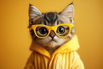 A playful image of a cat wearing bright yellow glasses and dressed in cute, stylish clothing.