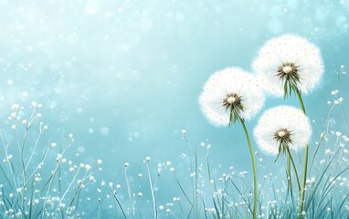 Obraz premium Spring dandelions soft light background. Peaceful floral backdrop. Use nature design, greeting card