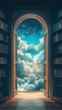 Impressive bookcase displaying a sky view that invites daydreaming and inspiration in a unique literary setting