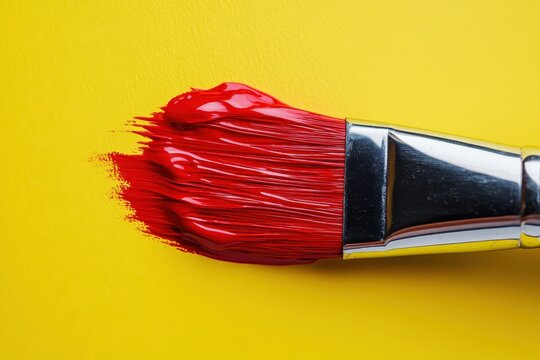 A close-up of a red paintbrush, its bristles dipped in vibrant red paint, resting against a soft, pastel yellow background.