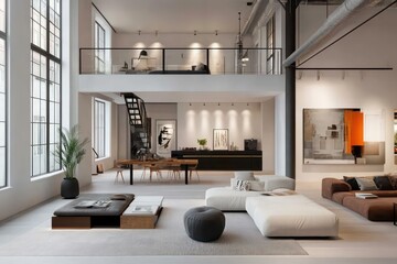 Spacious modern loft with a cozy reading nook, a stylish workspace, and a comfortable lounging area, sleek contemporary interior design