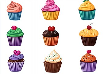 Vibrant Arrangement of Colorful Cupcakes with Various Toppings and Decorations