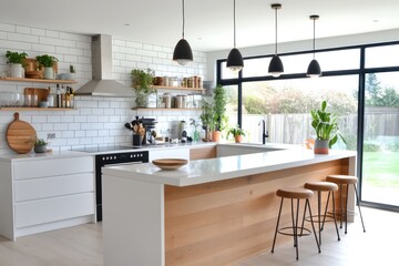 Spacious open-plan kitchen with a blend of Scandinavian and modern influences, featuring a mix of white and wooden tones, simple shelving, and soft natural light