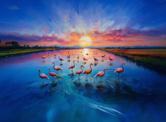 Flamingos wading in water at sunset. A vibrant and colorful background sky complements the pink birds in a scenic landscape.