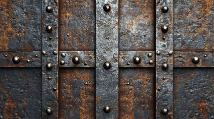 Fototapeta premium A weathered metallic panel of rust and steel is detailed