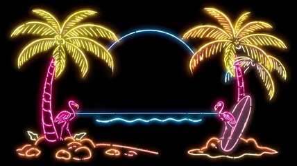 Minimalistic neon glowing continuous line art of palm tree isolated on dark background, copy space. Luminous exotic summer decoration, beach party advertisement, night club, tourism concept  