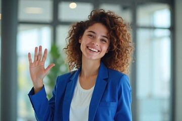 Young woman curly hair blue blazer office waving hand happy