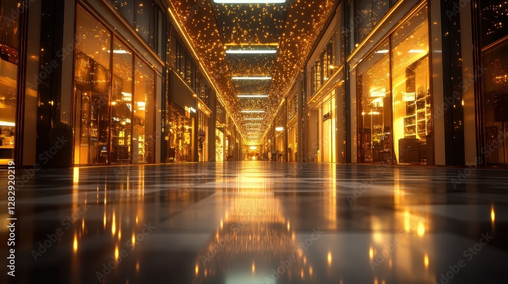 Poster a long hallway illuminated by bright lights creating a sense of depth and perspective in an architec