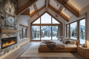 Cozy mountain bedroom with fireplace & scenic view
