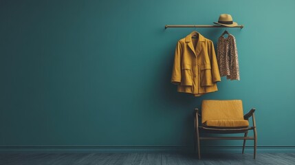 Contemporary yellow coat rack and matching yellow chair set against a bold teal blue wall creating a stylish interior
