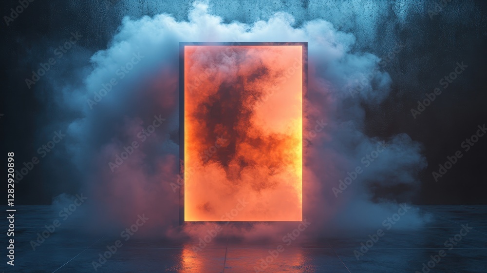 Poster mysterious door surrounded by a billowing cloud of smoke creating an intriguing and enigmatic atmosp