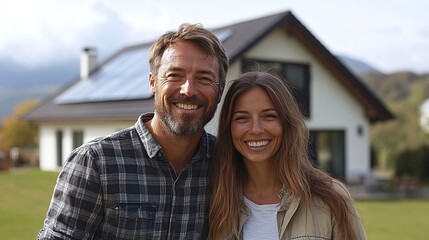 happy couple enjoying eco friendly lifestyle in front of house with solar panels embracing green living energy efficiency and renewable power