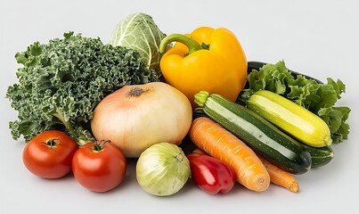 Vibrant Assortment of Fresh Vegetables Including Bell Pepper, Tomatoes and Carrots on Gray Background