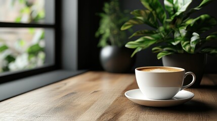 Fototapeta premium A beautiful cup of freshly brewed coffee sitting on a wooden table ready to be enjoyed in a cozy environment