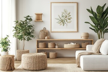 Stylish Nordic-inspired living room featuring a floating wooden bookshelf, woven baskets for storage, modern white walls, and a large framed artwork