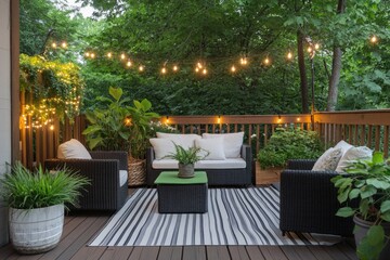 Fototapeta premium Evening patio decor, furnished deck, string lights, lush greenery
