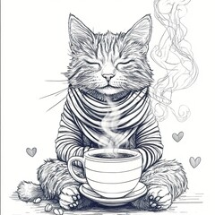 Serene Cat Enjoying Warm Coffee In Cozy Sweater