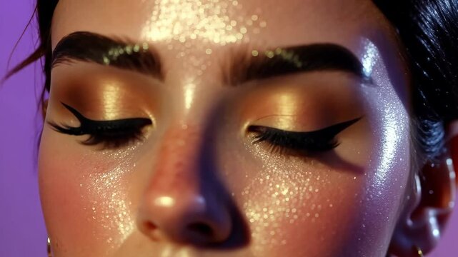 Detailed close-up of a woman's glam makeup showcasing radiant skin and bold eye look