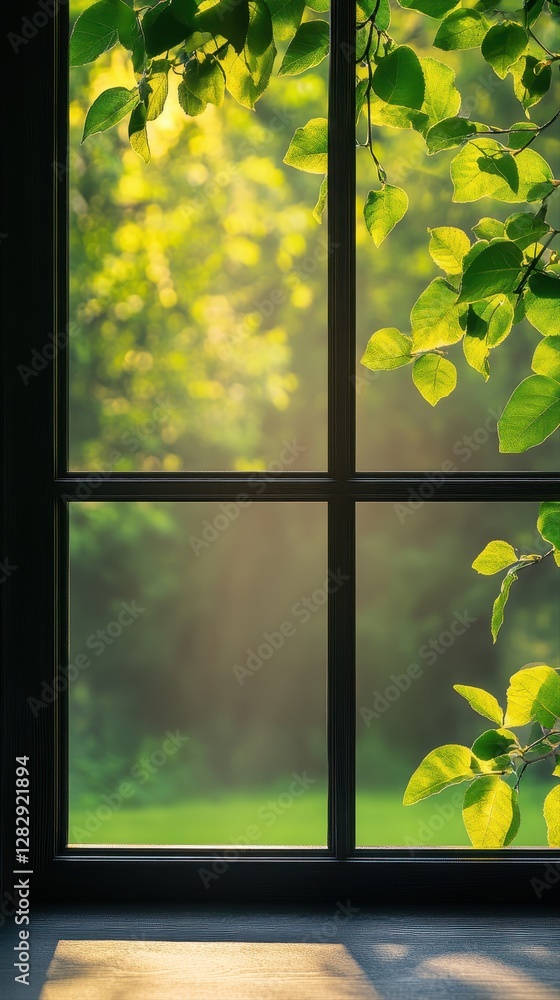 Poster a beautiful window framing a lush green tree outside creating a serene and inviting view for any ind