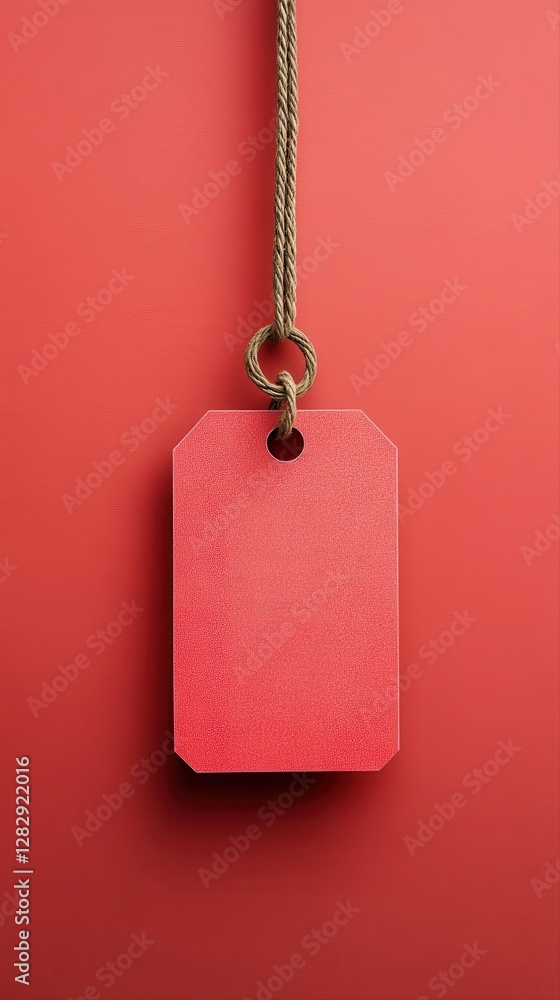 Poster a striking red tag suspended against a matching red wall creating a unique monochromatic aesthetic a