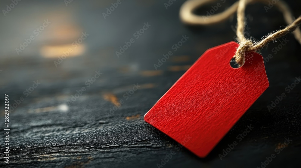 Poster a bold red tag resting on a dark black background creating a striking and dramatic visual contrast f
