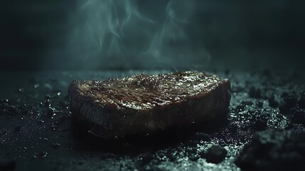 Fototapeta premium 78. A steak with a rich caramelized crust centered on a moody, dimly lit charcoal slate