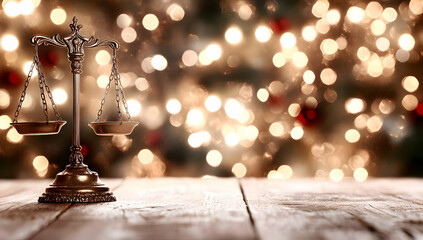 Scales of Justice on wooden table, festive lights background; holiday legal concept, perfect for law firms' holiday greetings