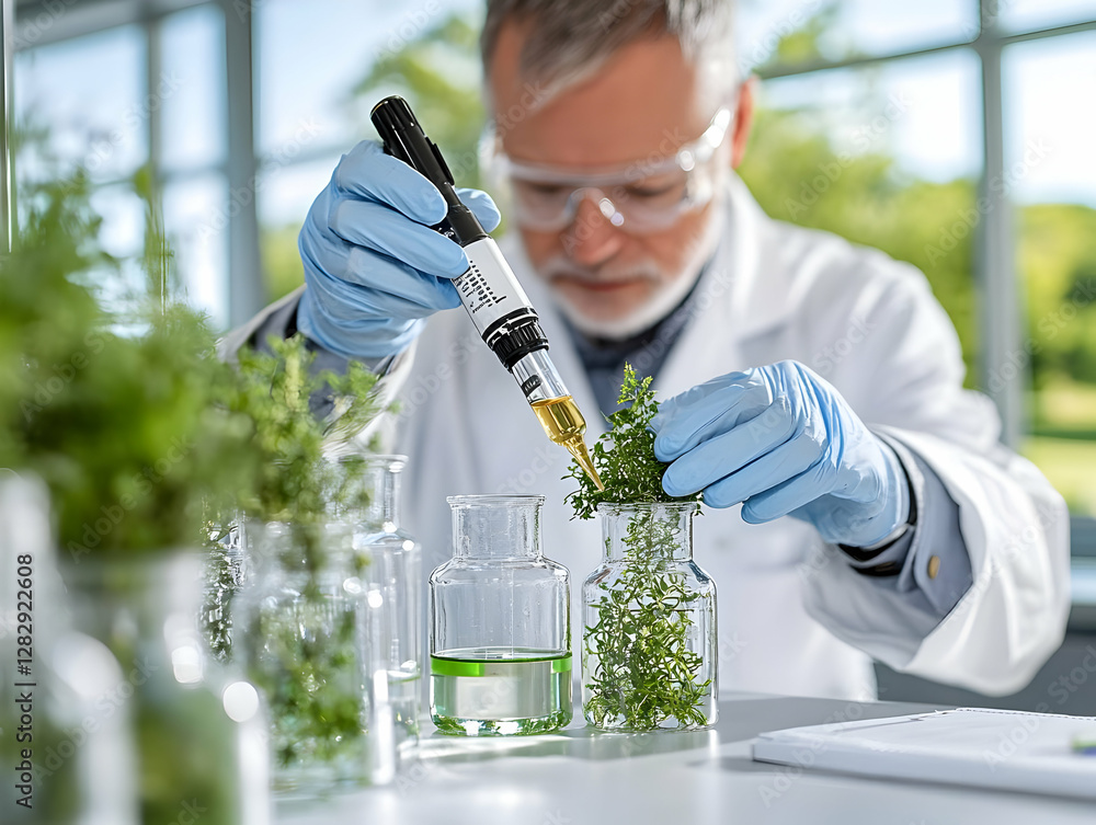 Poster scientist analyzing plants in a lab, examining samples with precision instruments, bright windows in