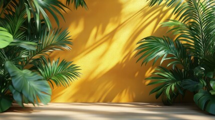 Fototapeta premium Lush palm trees against a bright yellow wall creating a tropical and exotic vibe in a sunlit environment