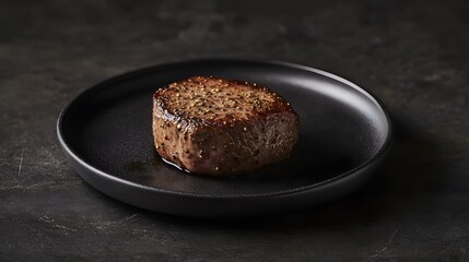 73. A peppercorn-crusted filet mignon plated in the middle of a matte black ceramic plate