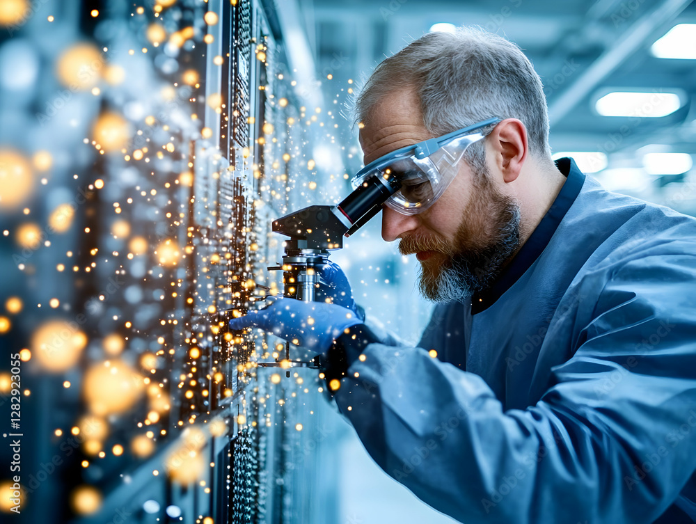 Poster scientist inspecting high-tech equipment in a modern lab; data streams visualised; technological adv