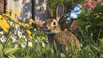 Obraz premium A rabbit hopping through a spring garden