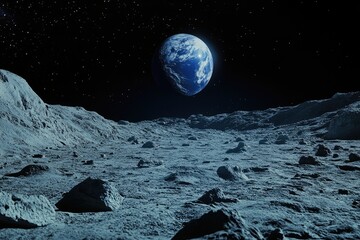 Lunar landscape with Earth in starry night sky