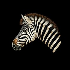 Fototapeta premium Striking Zebra Portrait Graphic Illustration with Detailed Stripes and Rich Brown Mane on Black Backdrop