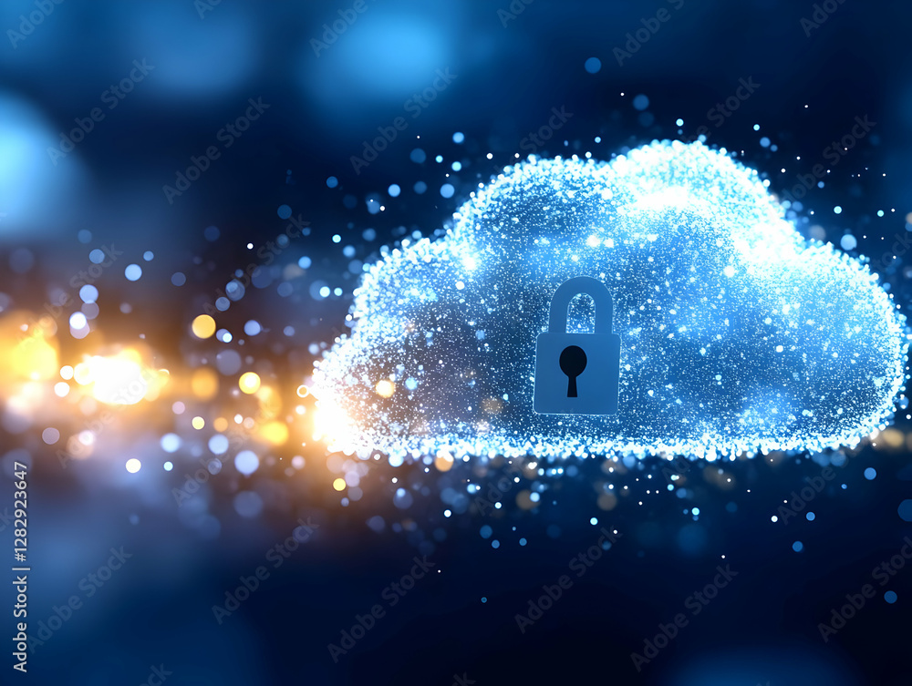 Poster secure cloud data protection digital network security, abstract glowing cloud with padlock, bokeh ba