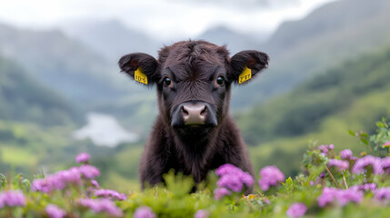 Calf gazing, mountain backdrop, flower meadow, farm animal