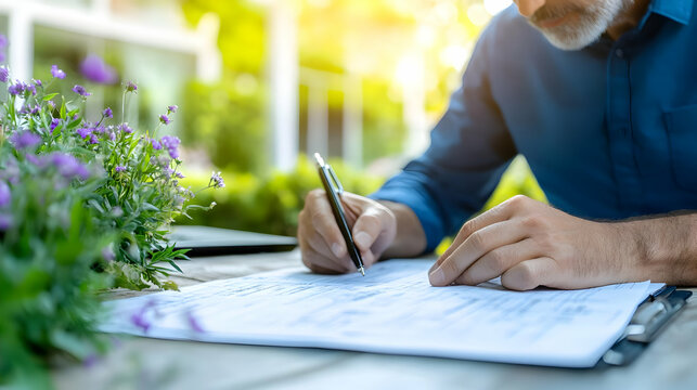 Senior man reviewing documents outdoors, garden background, sunny day. Perfect for business, finance, or retirement planning articles