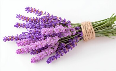 Vibrant Bundle of Freshly Harvested Lavender Flowers Tied with Twine on White Background