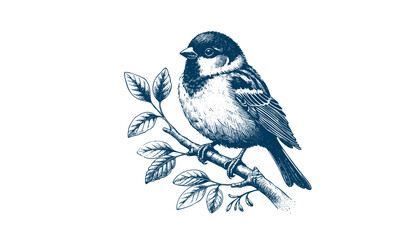 Hand-drawn Sparrow Illustration – Detailed Sketch of a Wild House Sparrow on a Branch