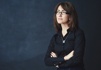 Corporate, woman and thinking with pride in studio of decision, policy choice and administration....