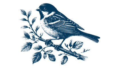 Hand-drawn Sparrow Illustration – Detailed Sketch of a Wild House Sparrow on a Branch