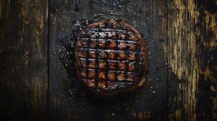 39. A steak with grill marks resting on a smoky blackened wooden surface