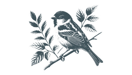 Hand-drawn Sparrow Illustration – Detailed Sketch of a Wild House Sparrow on a Branch