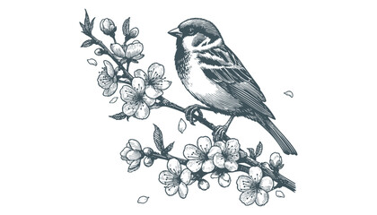 Hand-drawn Sparrow Illustration – Detailed Sketch of a Wild House Sparrow on a Branch