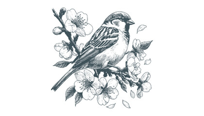 Hand-drawn Sparrow Illustration – Detailed Sketch of a Wild House Sparrow on a Branch