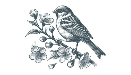 Hand-drawn Sparrow Illustration – Detailed Sketch of a Wild House Sparrow on a Branch