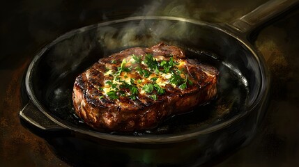 35. A garlic butter steak sizzling in a dark iron pan with steam rising softly