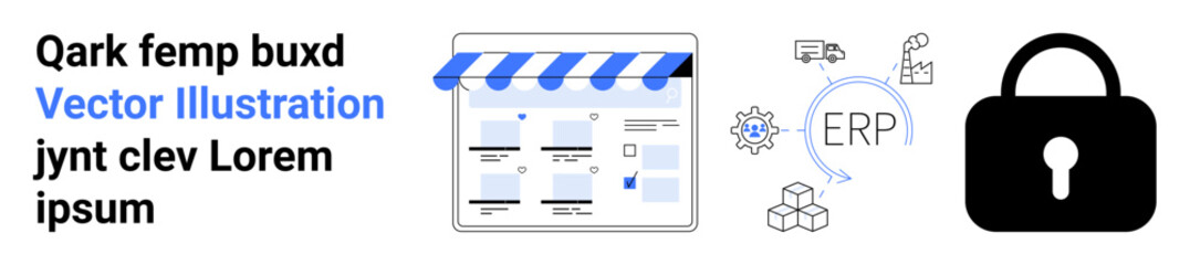 E-commerce storefront interface with shop banner, ERP flowchart showing connectivity of business processes, black lock symbol representing security measures. Ideal for digital marketing, online