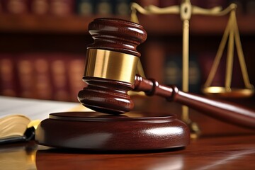 Law theme, mallet of judge, wooden gavel on old book