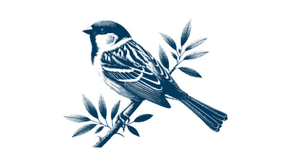 Hand-drawn Sparrow Illustration – Detailed Sketch of a Wild House Sparrow on a Branch